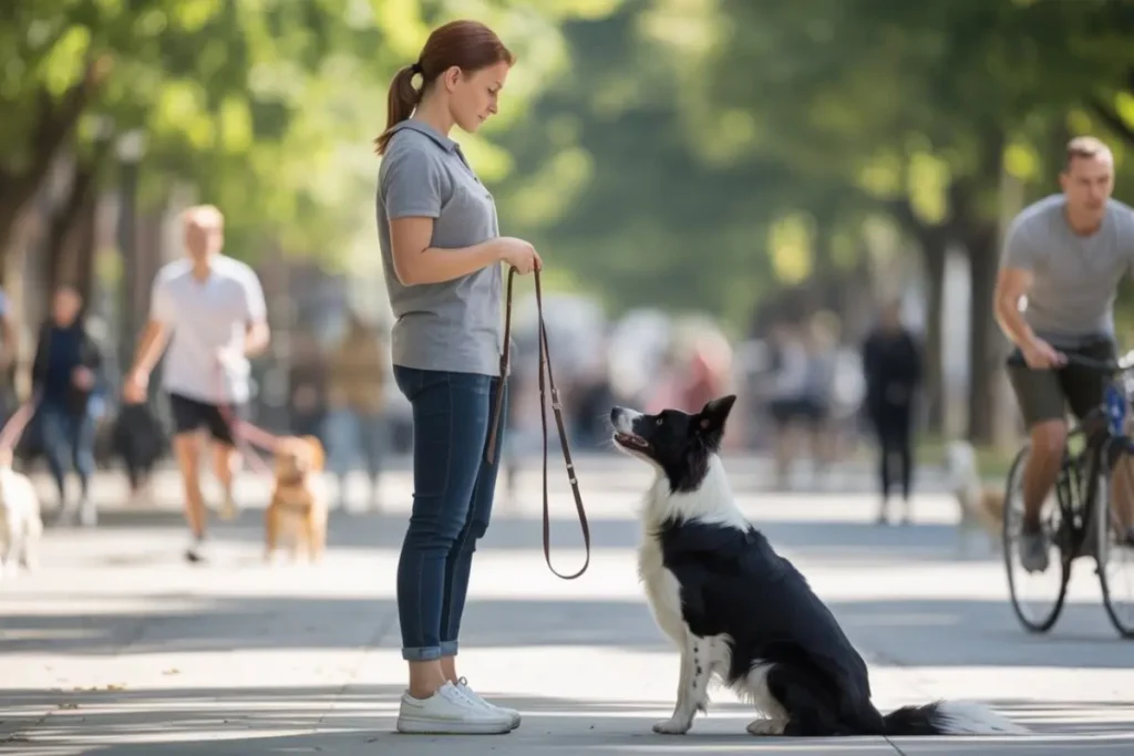 Dog owner practicing advanced leash training with focused Border Collie in city park with distractions