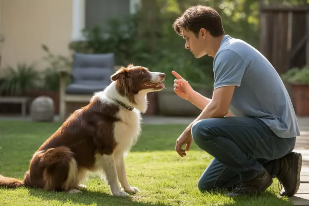 Young man training Border Collie with quiet command in peaceful backyard