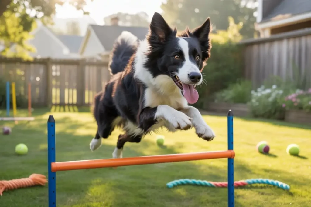 Energetic Border Collie playing in backyard, mental and physical engagement, calm focus