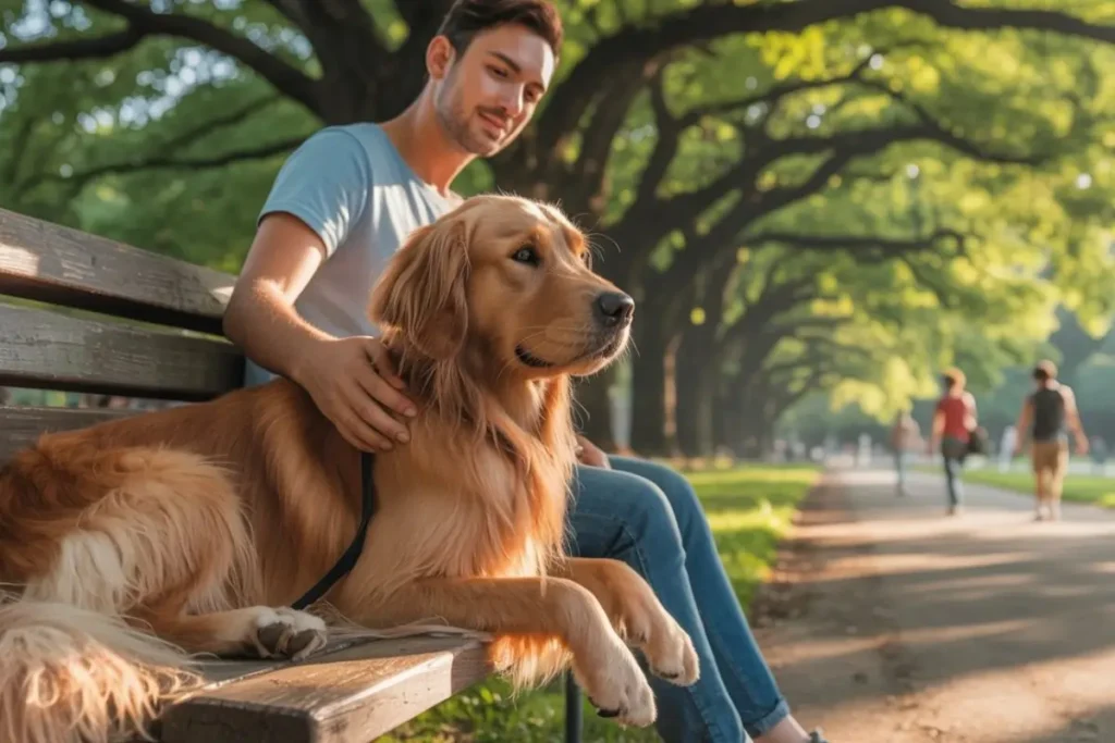 Dog calmly sitting beside owner in park after leash training, showing trust and connection