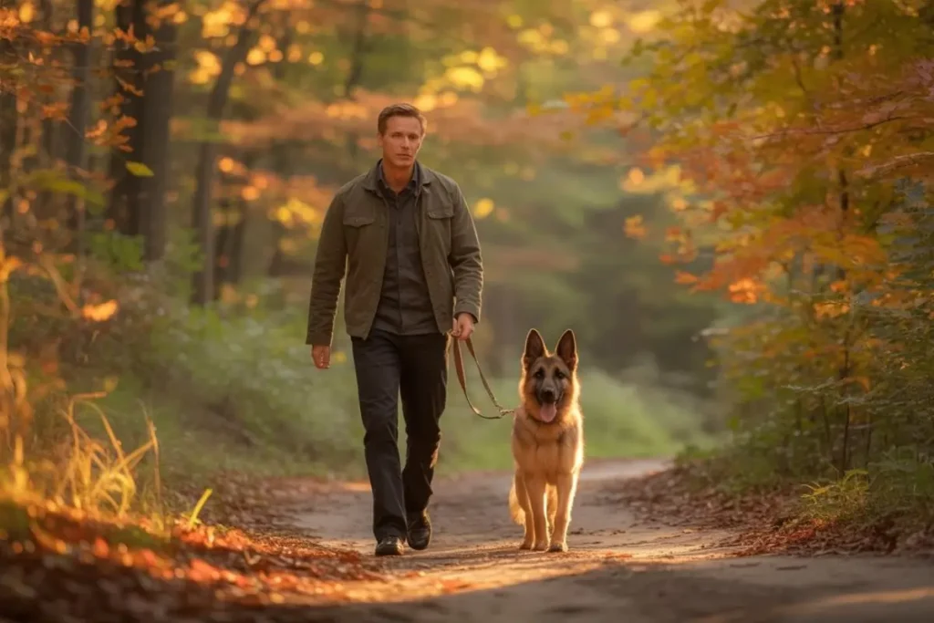 German Shepherd learning focus with dog training leash on a walk