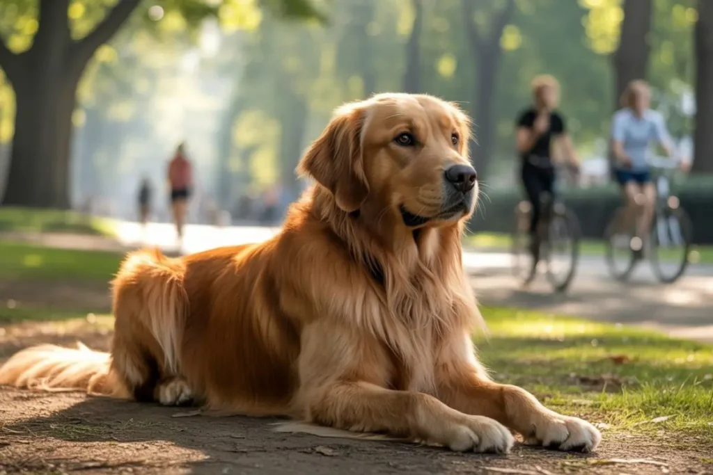 Golden Retriever sitting calmly in urban park, focused dog training and inner calm