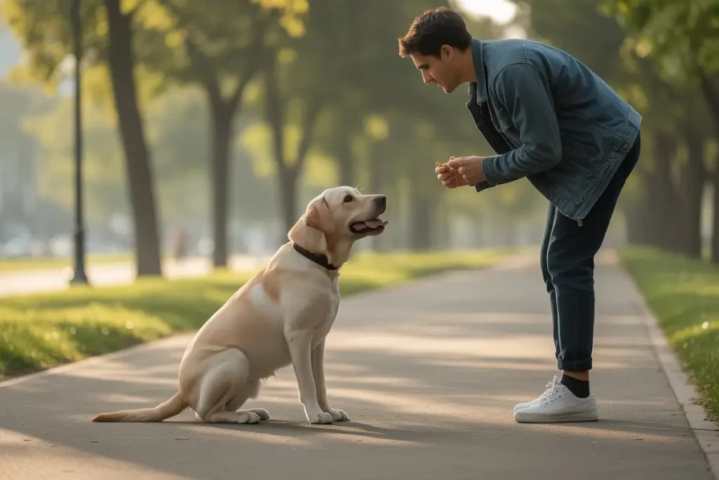 Young man training energetic Labrador in park, calm dog training and focus