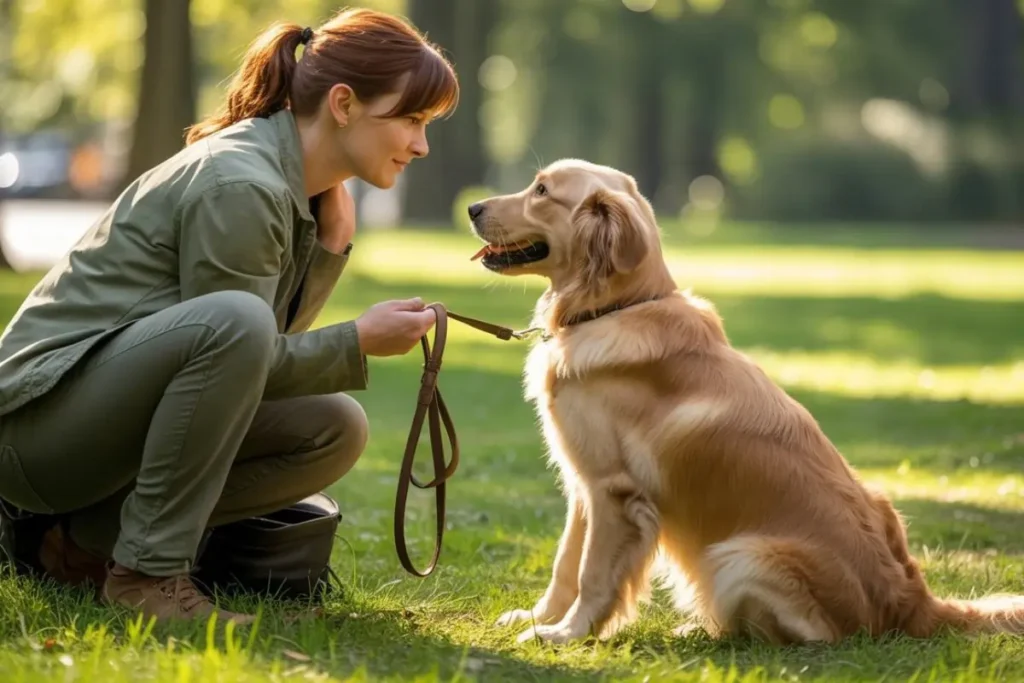 Dog trainer teaching Golden Retriever leash discipline with calm focus in a park