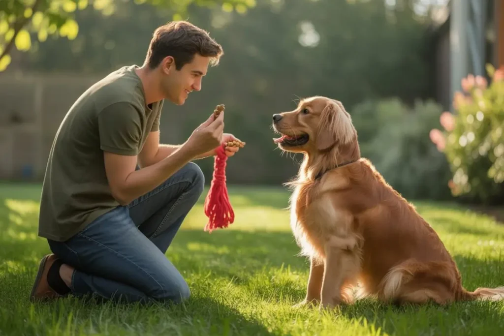 A young man training his Golden Retriever calmly in the backyard during an outdoor dog training session.