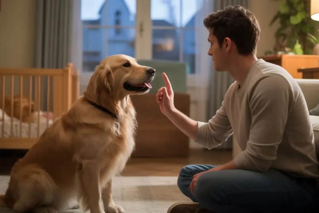Golden Retriever learning quiet command for dogs from owner in cozy living room, showing focus and calm